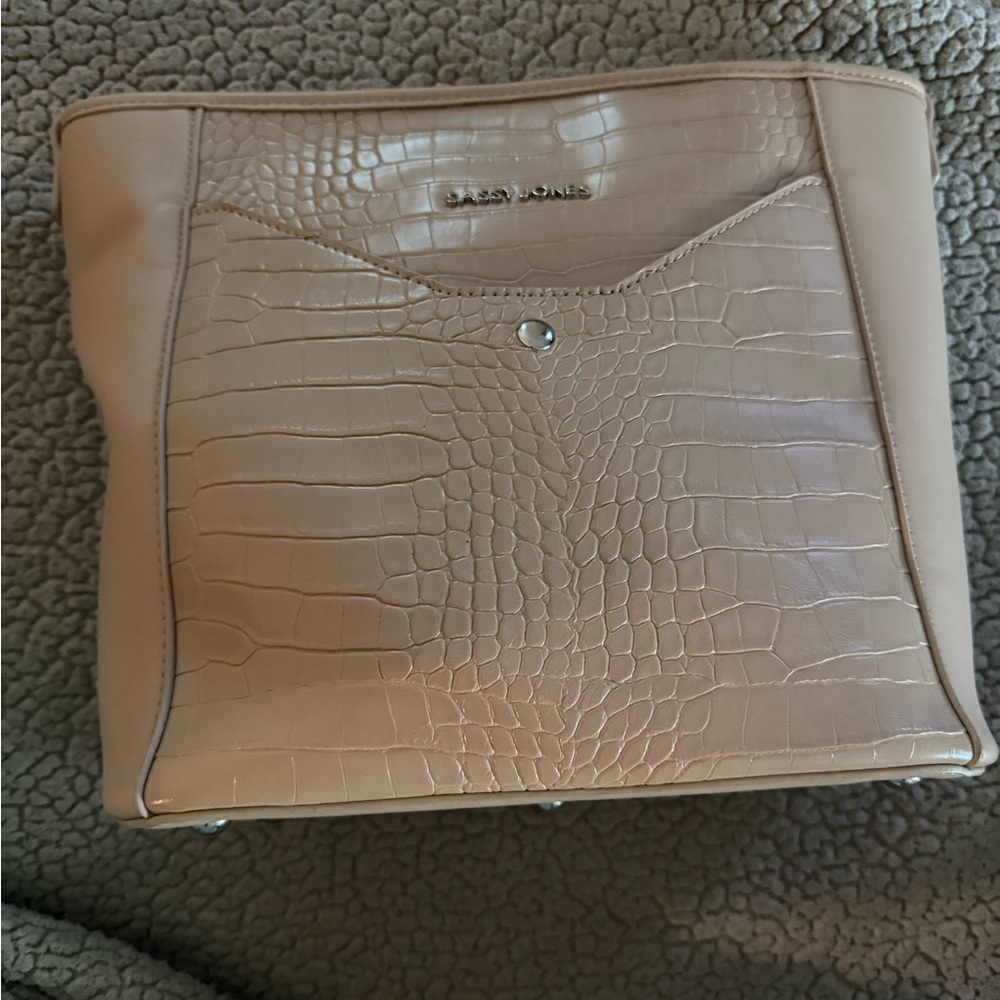 Sassy Jones Beige Croc-Embossed Shoulder Bag